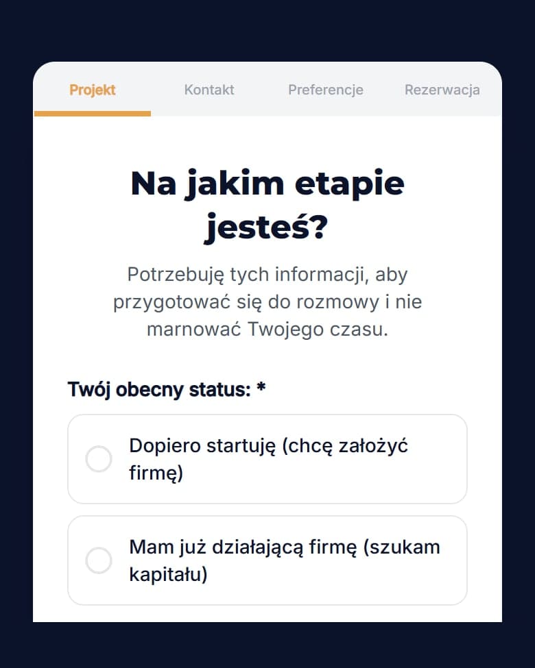 De website van Ekspert od Dotacji op een telefoon: Boekingsformulier in stappen