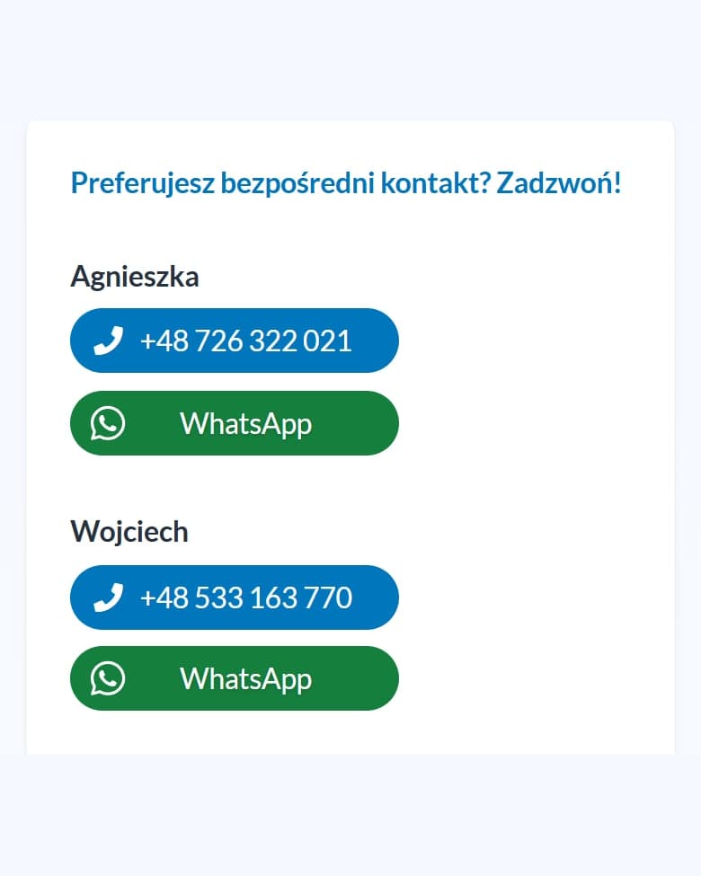 De website van Primo Dotacje op een telefoon: Bellen of WhatsApp met één tik