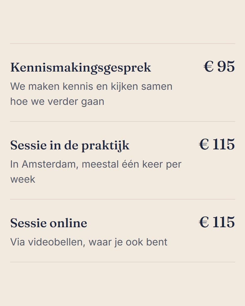 De website van Praktijk De Einder op een telefoon: Tarieven met de duur van elke sessie