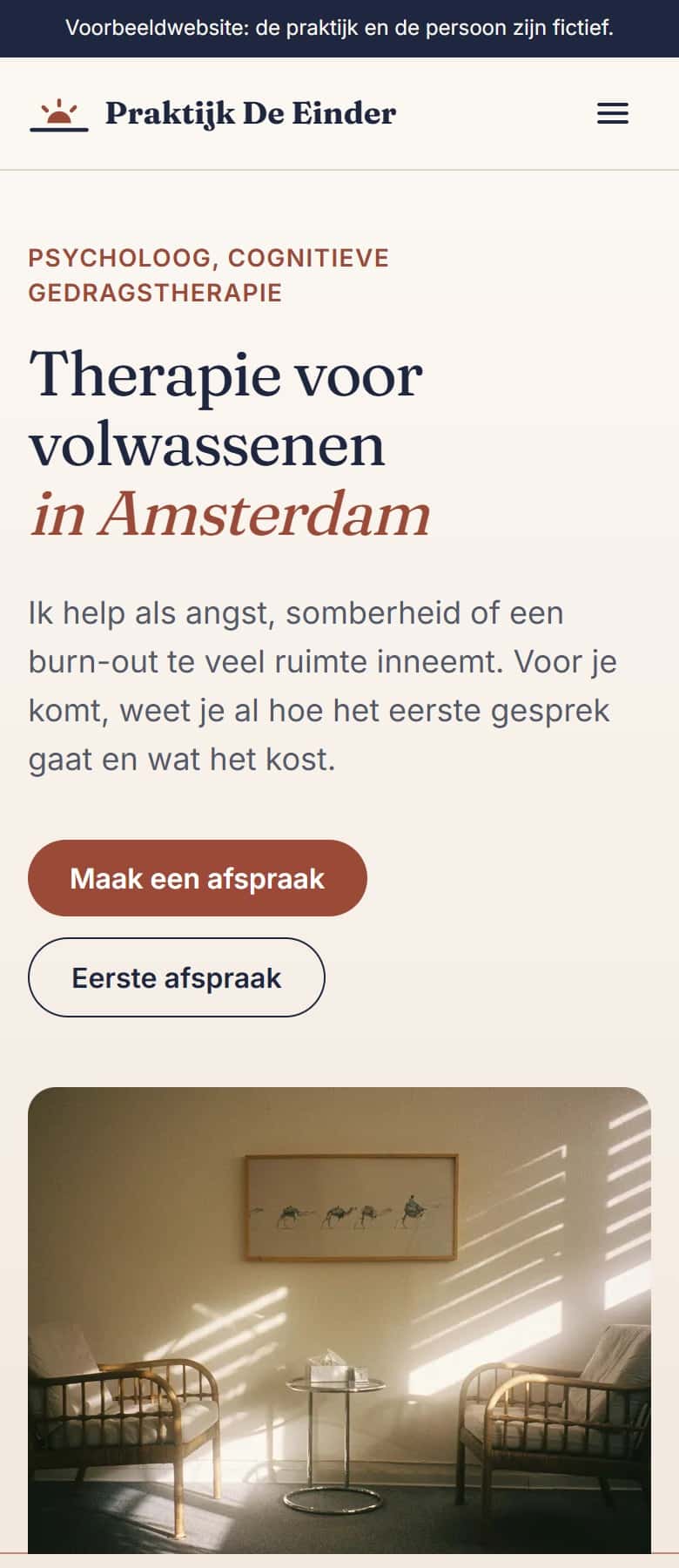 Screenshot van de website van Praktijk De Einder